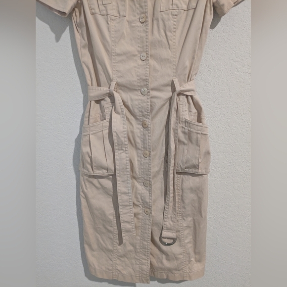 Escada Cream Fitted Belted Short Sleeve Button-Up Midi Shirt Dress Utility - Picture 6 of 11